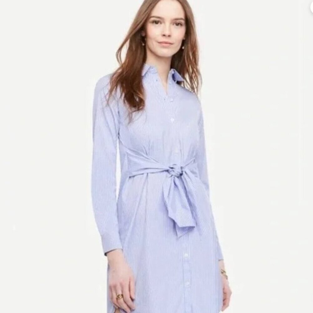 ANN TAYLOR Blue & White Seersucker Stripe Tie Wrap Button Down Midi Dress M